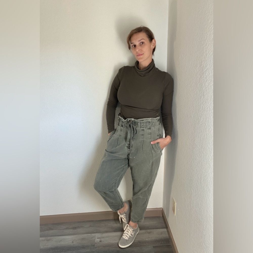Free People High Rise Paper Bag Pants Pleated Waist Trouser Olive